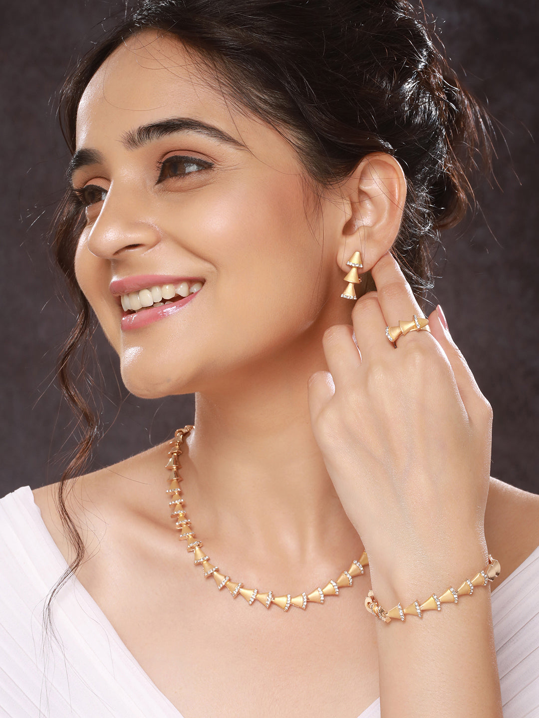 Anti-Tarnish 18k Gold Plated AD Studded Statement Link Combo Jewellery Set