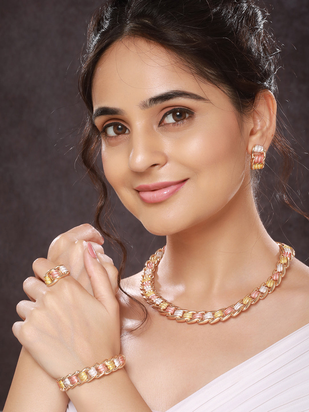 Anti-Tarnish Rose Gold Plated Tricolor Combo Jewellery Set