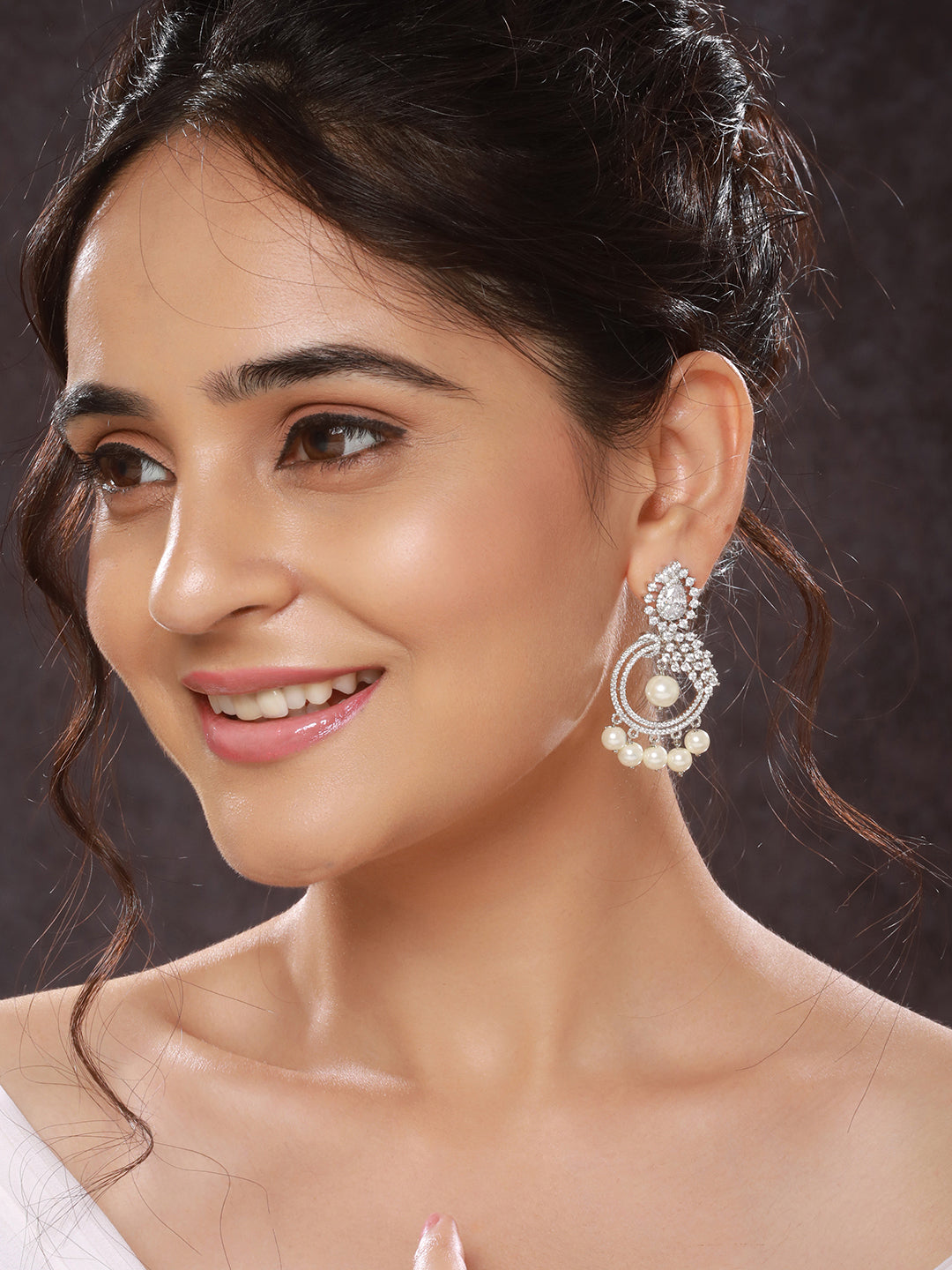 Silver Toned AD & Faux Pearl Studded Designer Chandelier Chandbali Dropdown Earrings