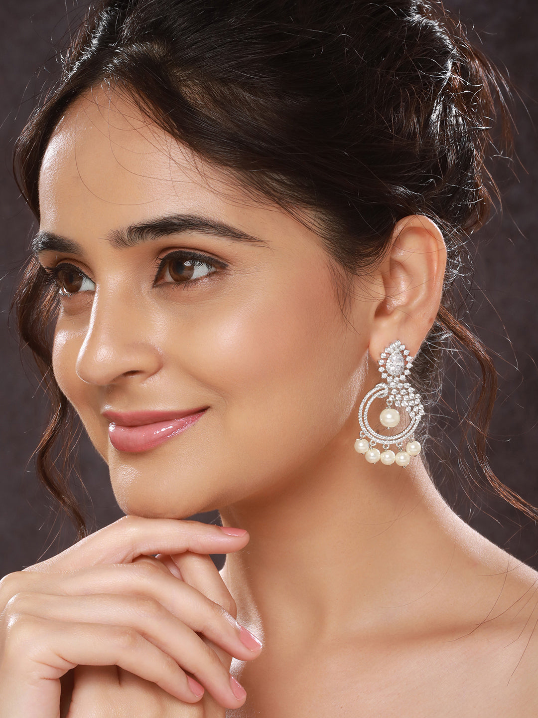 Silver Toned AD & Faux Pearl Studded Designer Chandelier Chandbali Dropdown Earrings