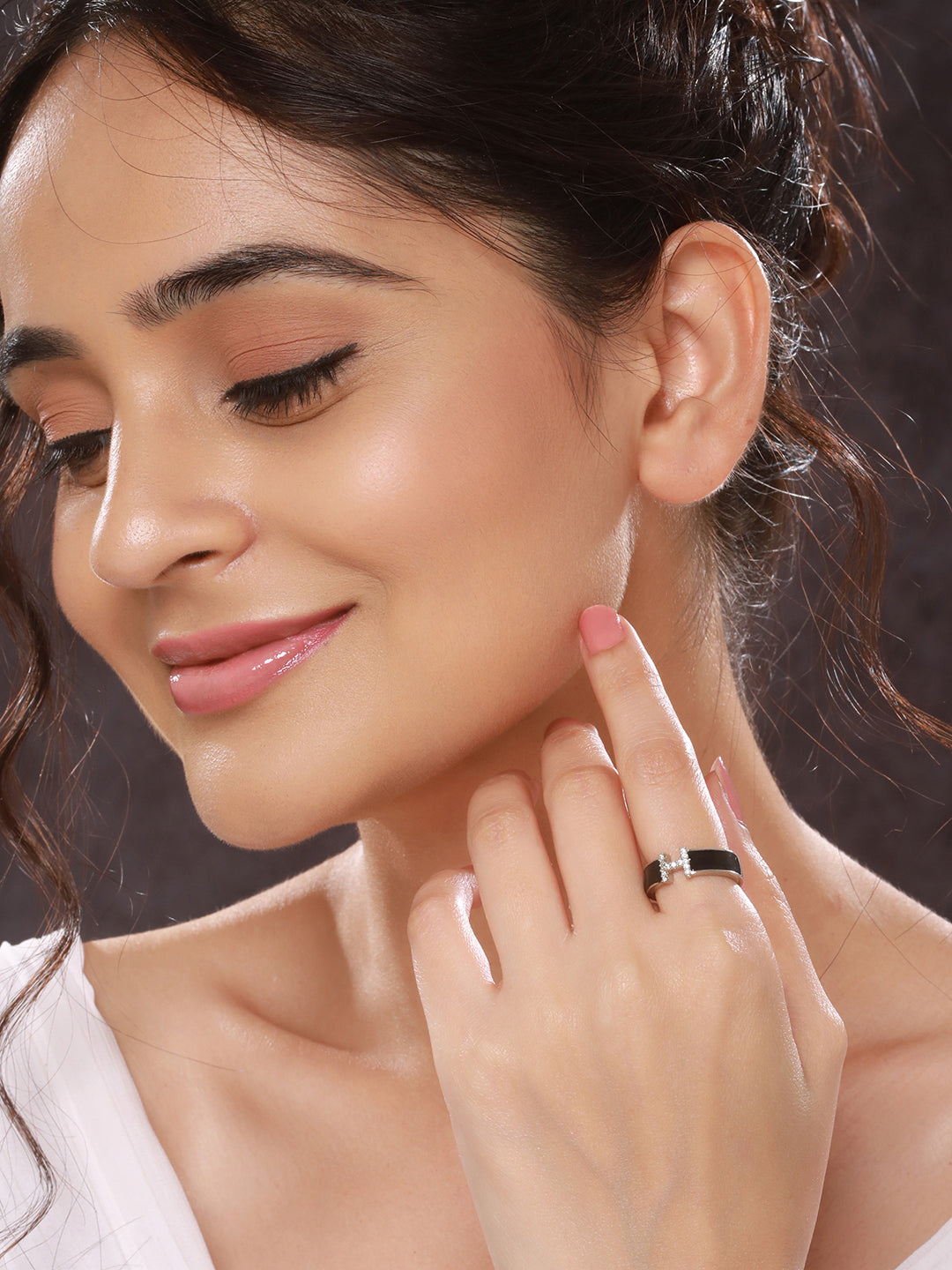 SARAF TRENDZ Anti-tarnish Silver-Plated AD-Studded Enamelled Adjustable Finger Ring