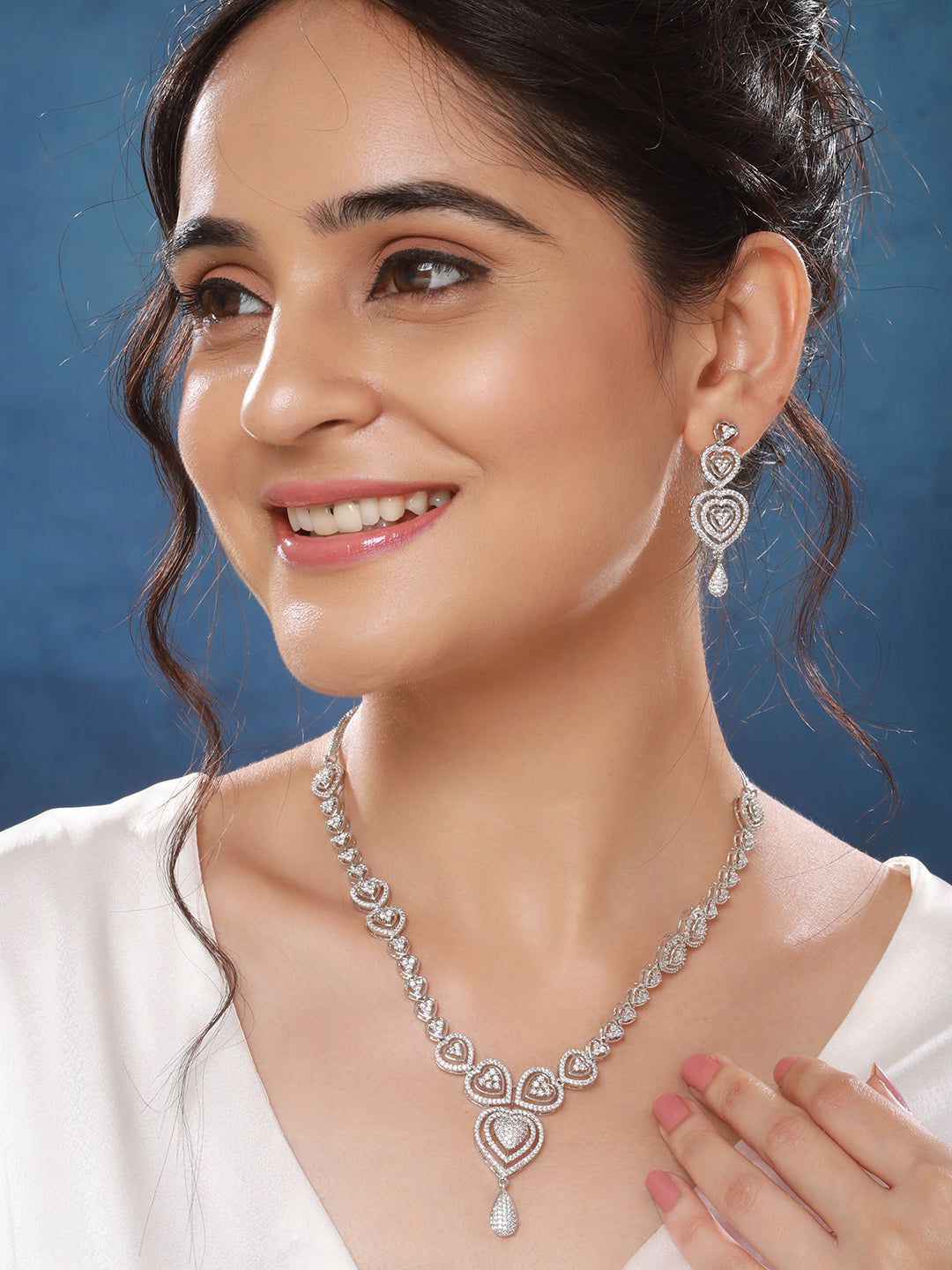 Silver Plated Zircon Studded Heart Shaped Designer Pendant Jewellery Set