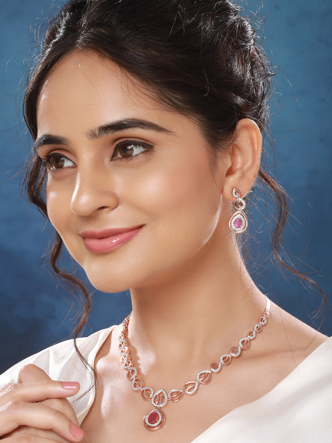 Rose Gold Plated Ruby AD Studded Pendant Jewellery Set