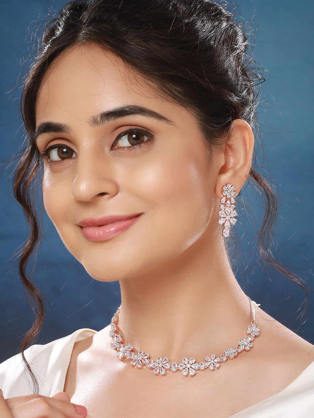 Rose Gold Plated AD Studded Floral Delicate Jewellery Set