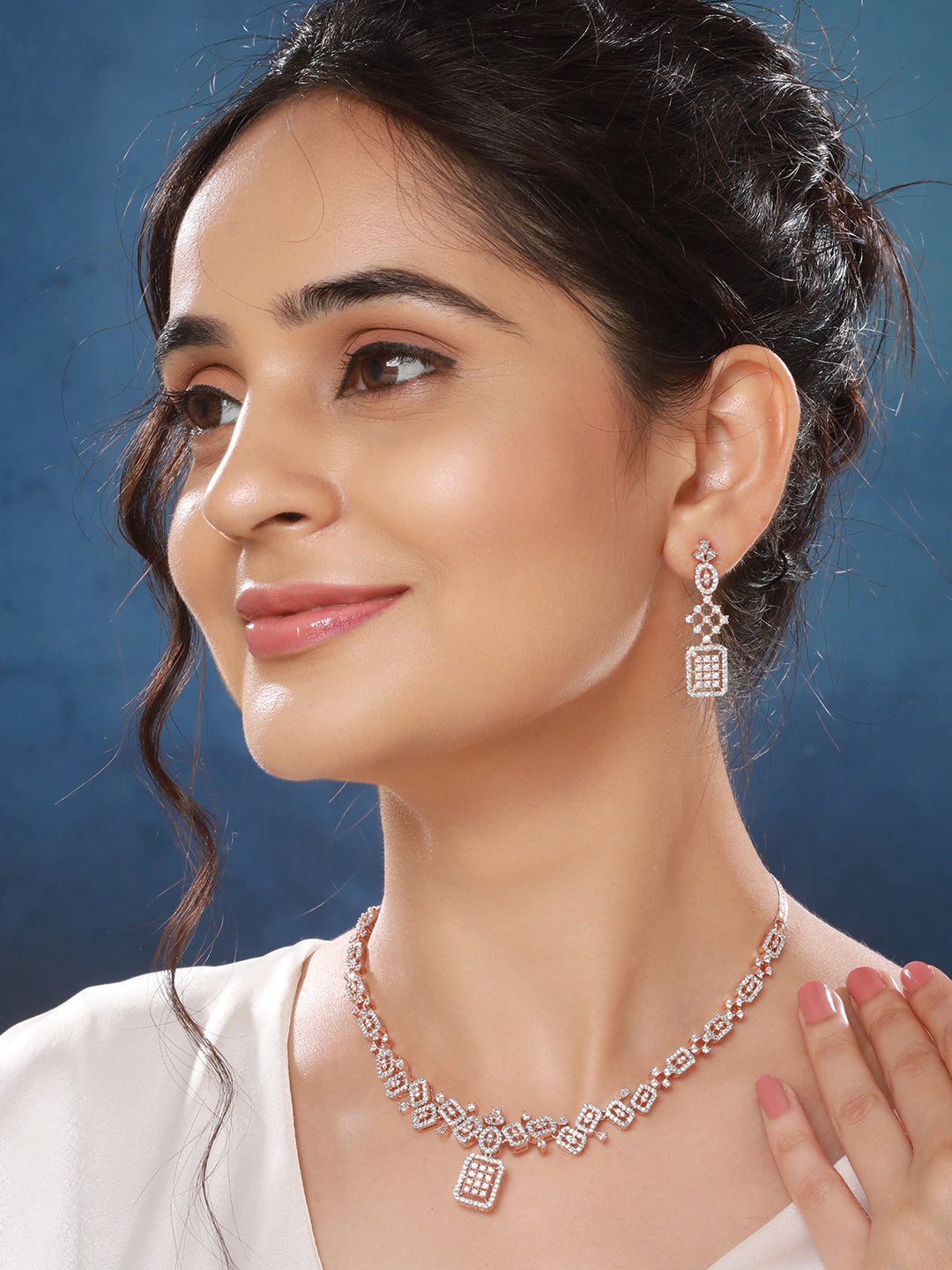 Rose Gold Toned AD Studded Geometric Pattern Minimal Pendant jewellery Set