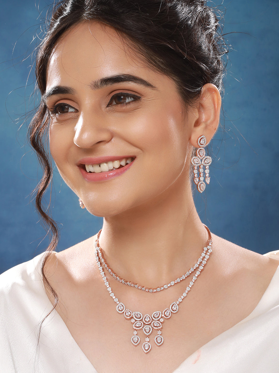 Rose Gold Toned Zircon Studded 2 - Lined Layered  Statement Necklace Jewellery Set