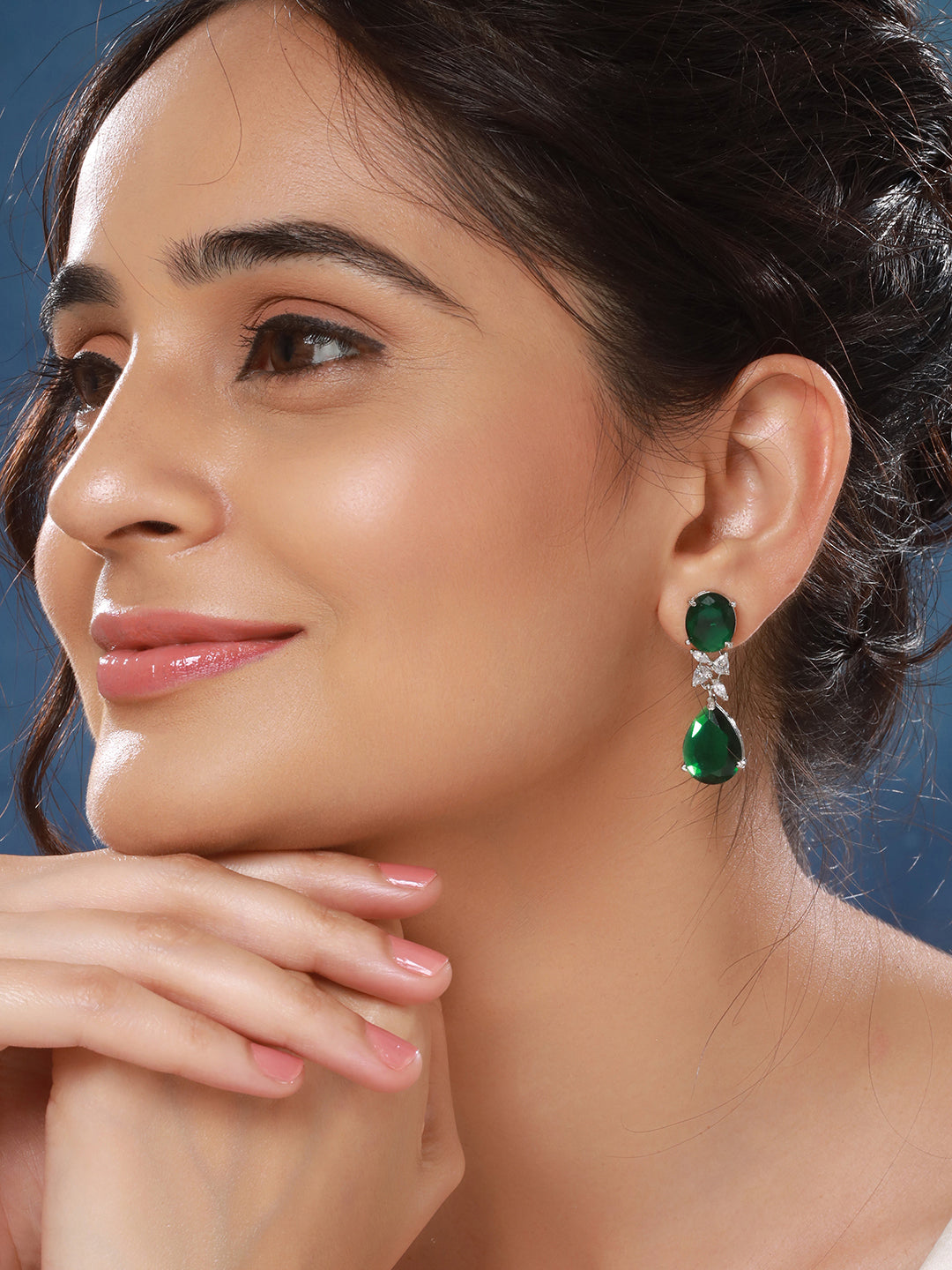 Silver Toned Emarald Green Studded Luxe  Statement Drop Earrings