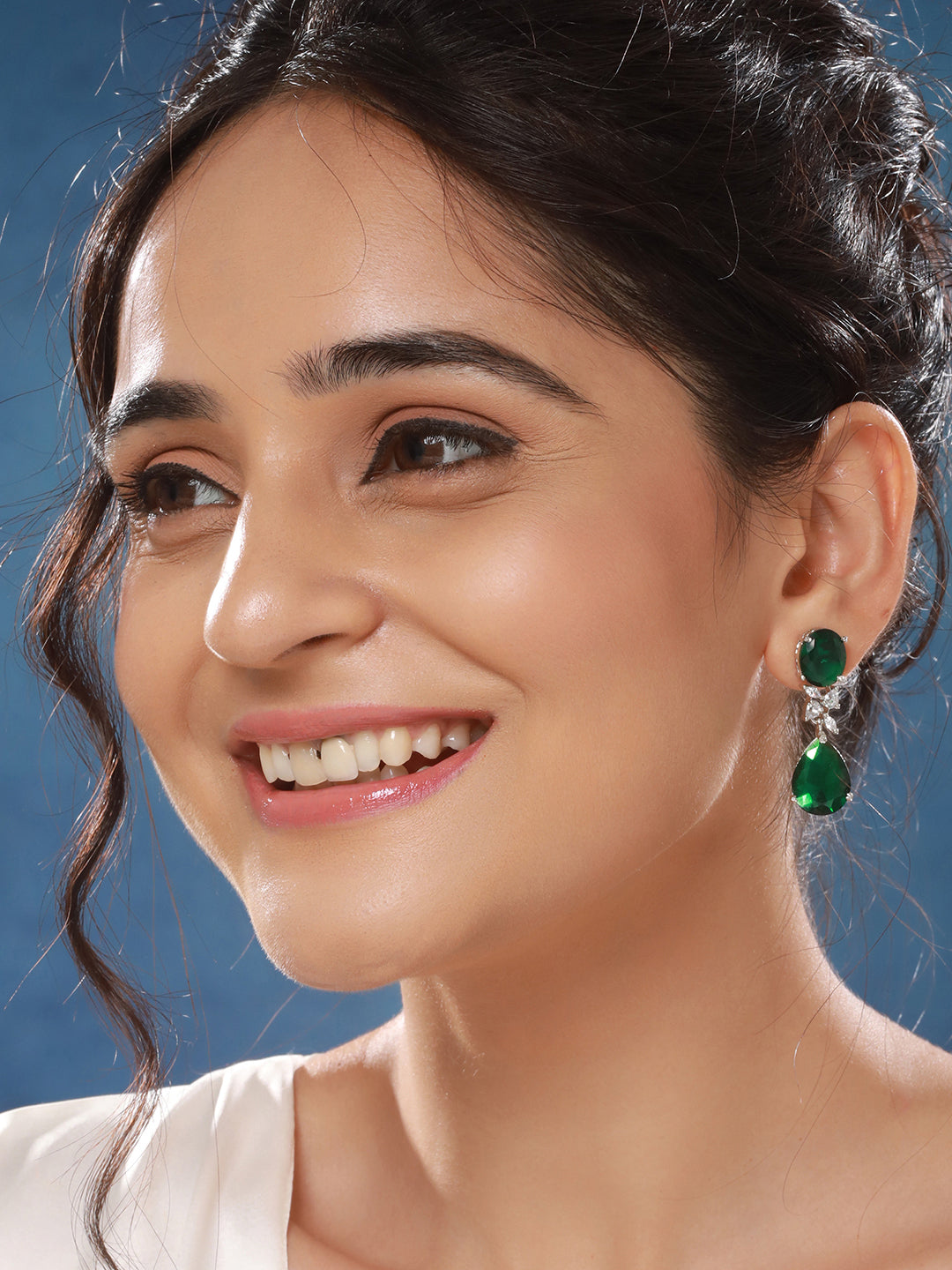 Silver Toned Emarald Green Studded Luxe  Statement Drop Earrings