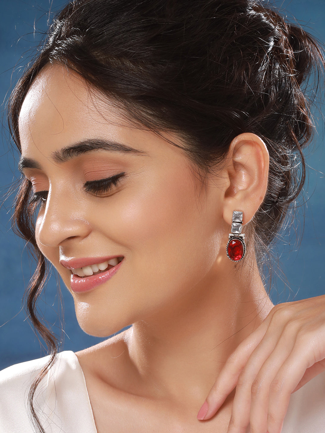 Oxidised Silver Toned Red Stone Studded Minimal Drop Earrings