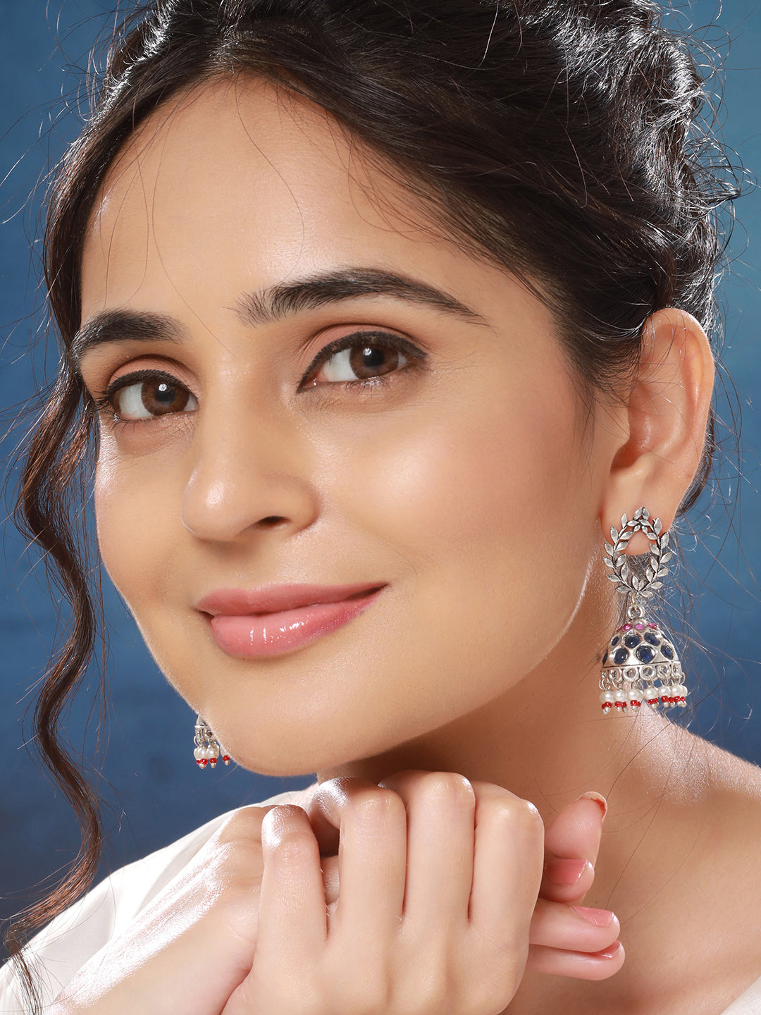 Oxidised Earrings with Red & Blue Stones and Pearl Beading