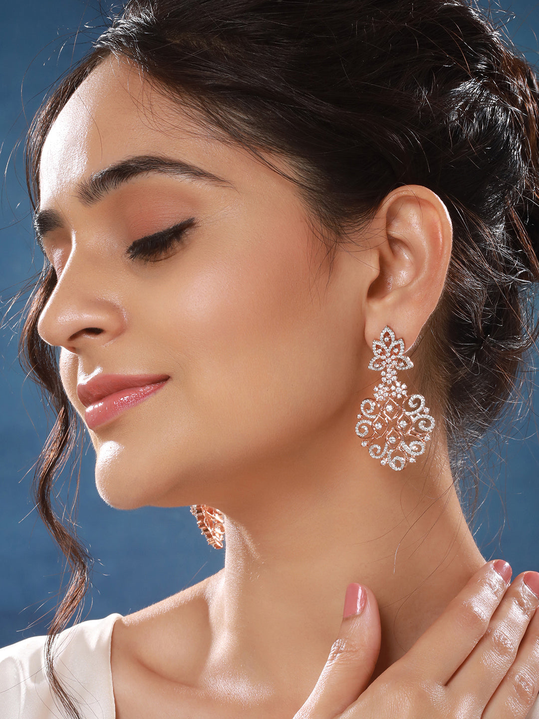 Rose Gold Plated AD Studded Luxe Chandelier Designer Earrings