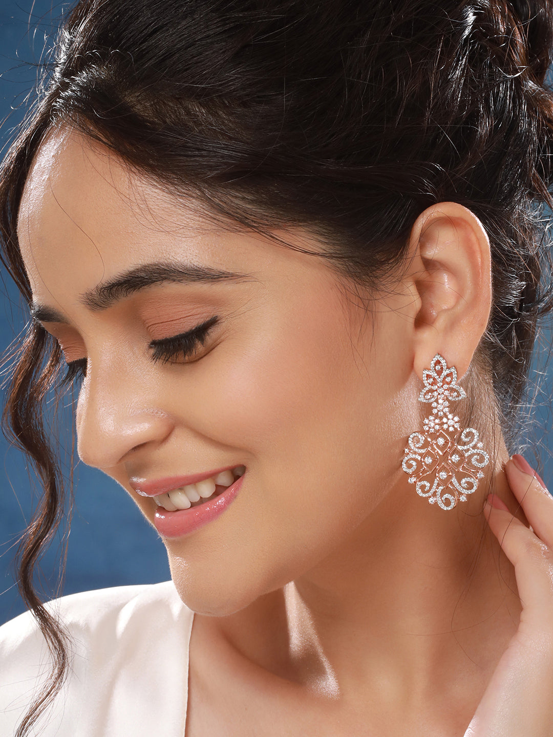 Rose Gold Plated AD Studded Luxe Chandelier Designer Earrings