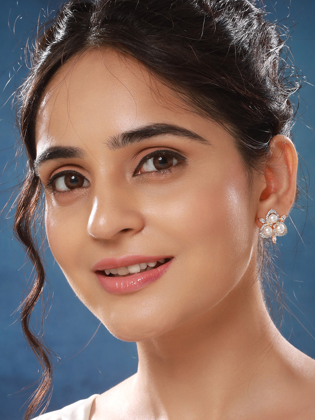 Dual Gold Toned AD  & Pearl Studded Flower Delicate Studds Earrings