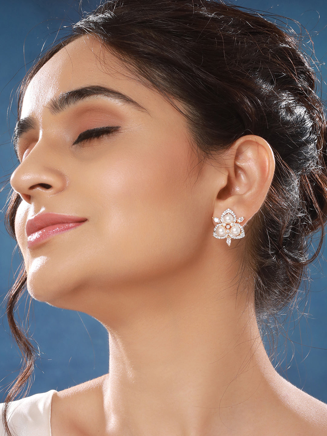 Dual Gold Toned AD  & Pearl Studded Flower Delicate Studds Earrings