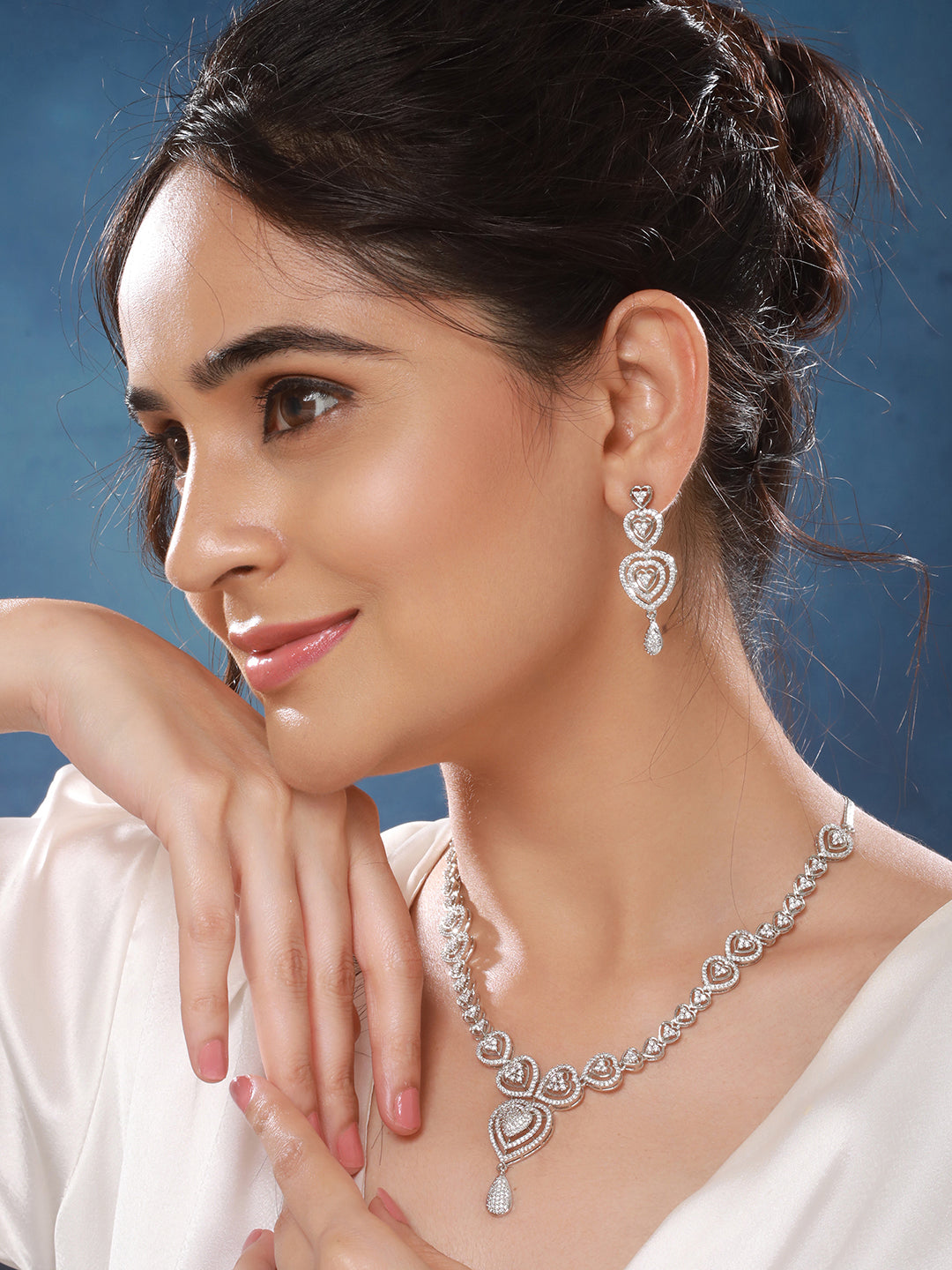 Silver Plated Zircon Studded Heart Shaped Designer Pendant Jewellery Set