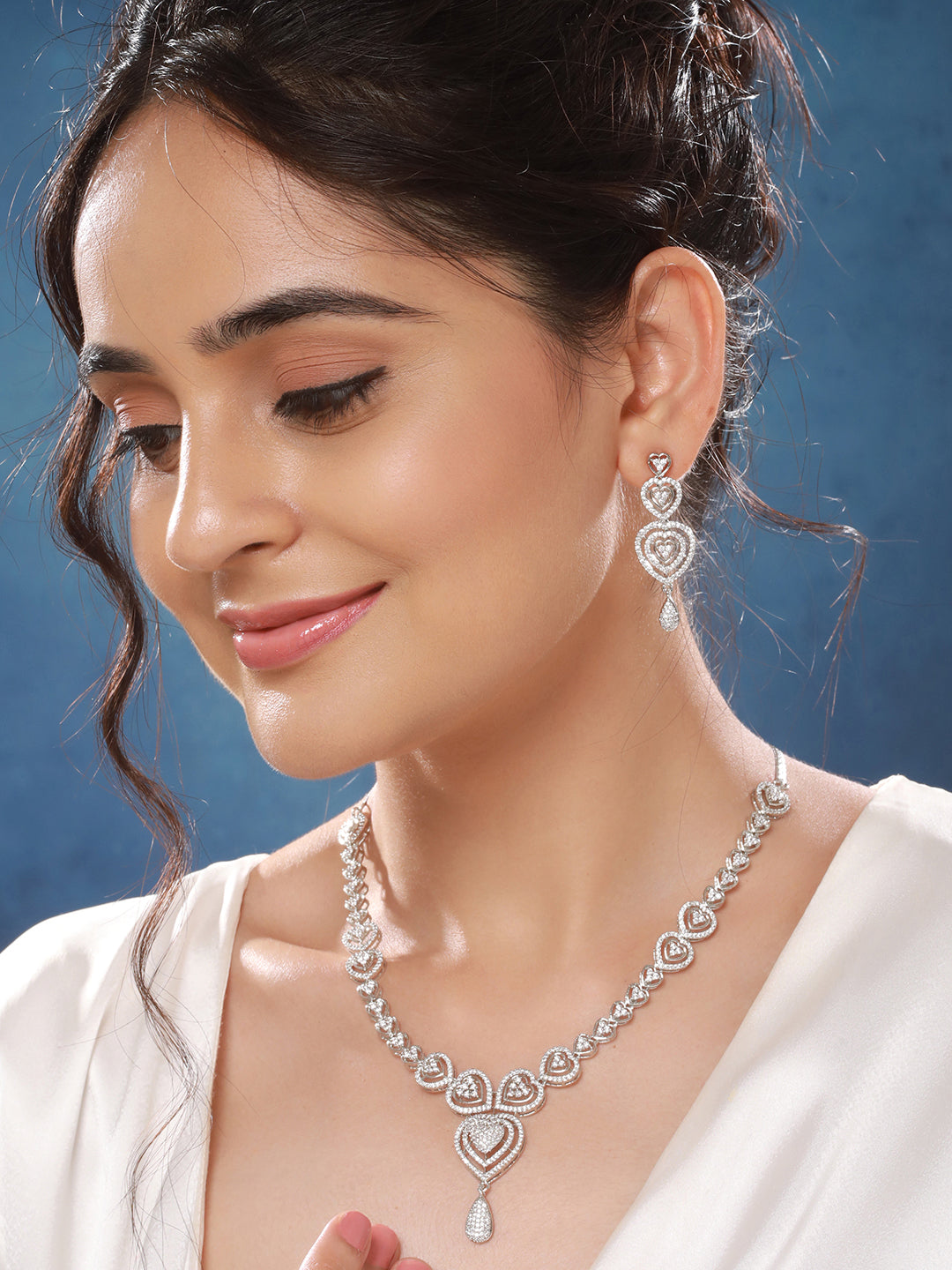 Silver Plated Zircon Studded Heart Shaped Designer Pendant Jewellery Set