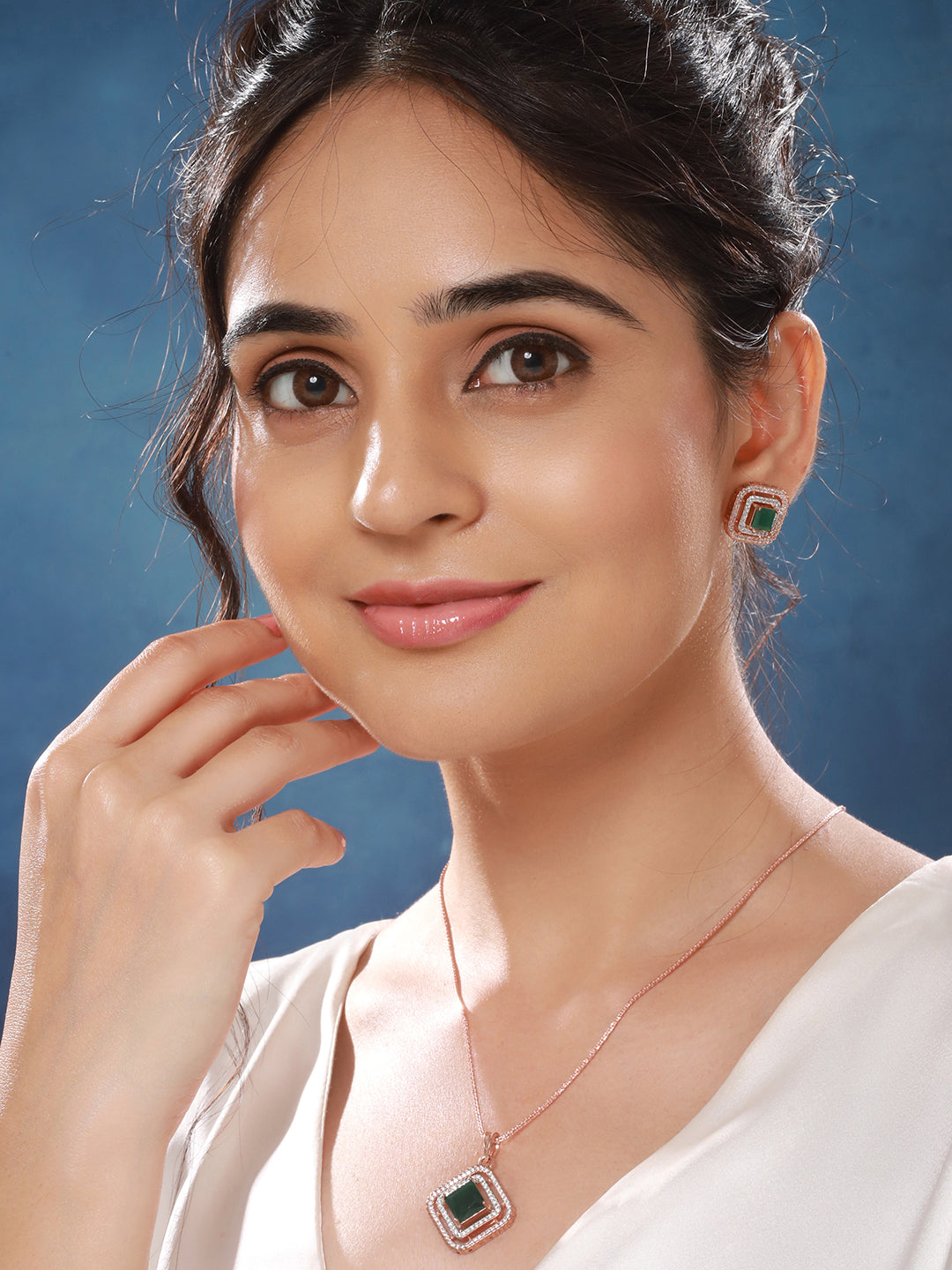 Rose Gold Plated Emerald Green AD Studded Square Pendant Jewellery Set