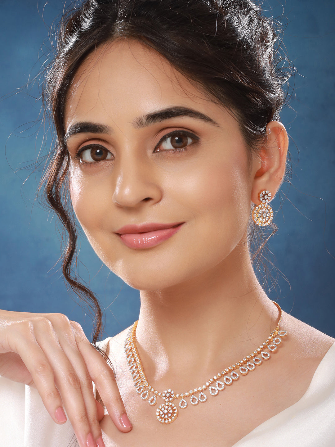 Gold Toned AD Studded  Floral Drop Minimal  Jewellery Set