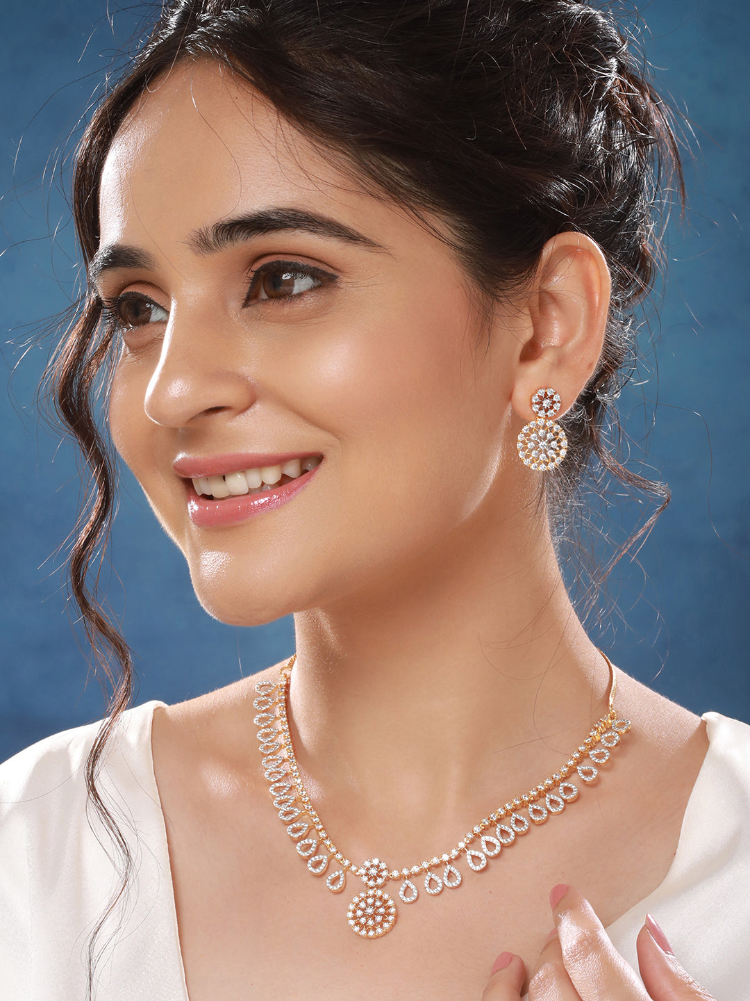 Gold Toned AD Studded  Floral Drop Minimal  Jewellery Set