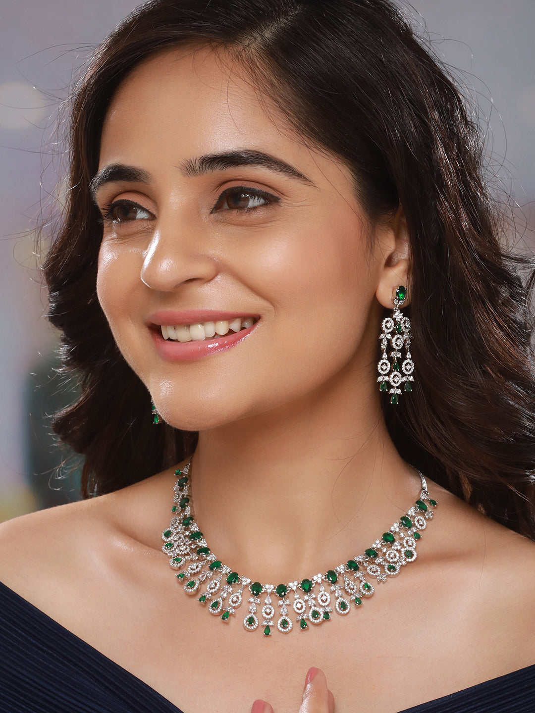 Silver Toned Emerald Green AD Studded Statement necklace Jewellery Set