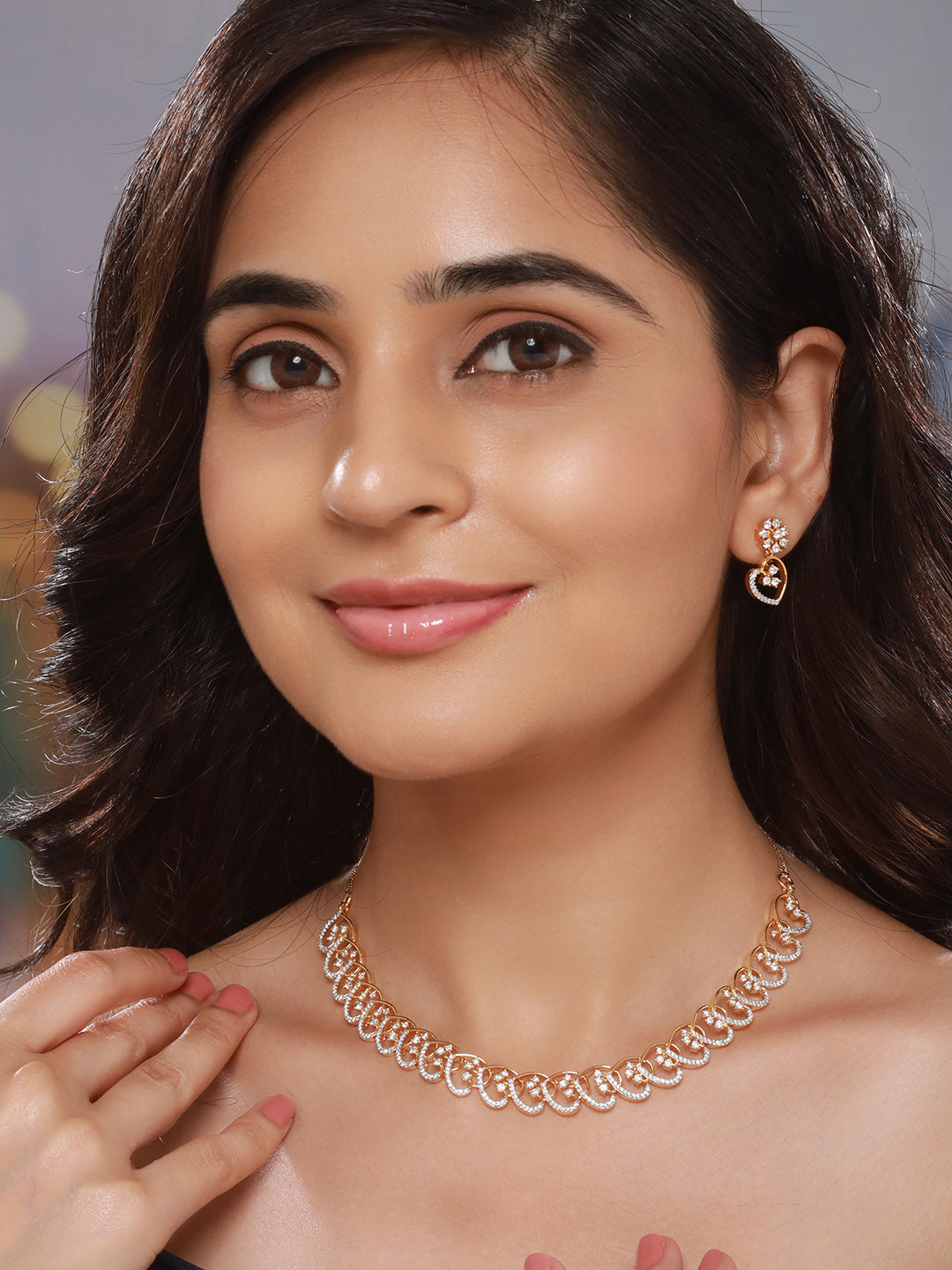 18k Gold Toned AD Studded Floral Heart Shaped Minimal Necklace Jewellery Set