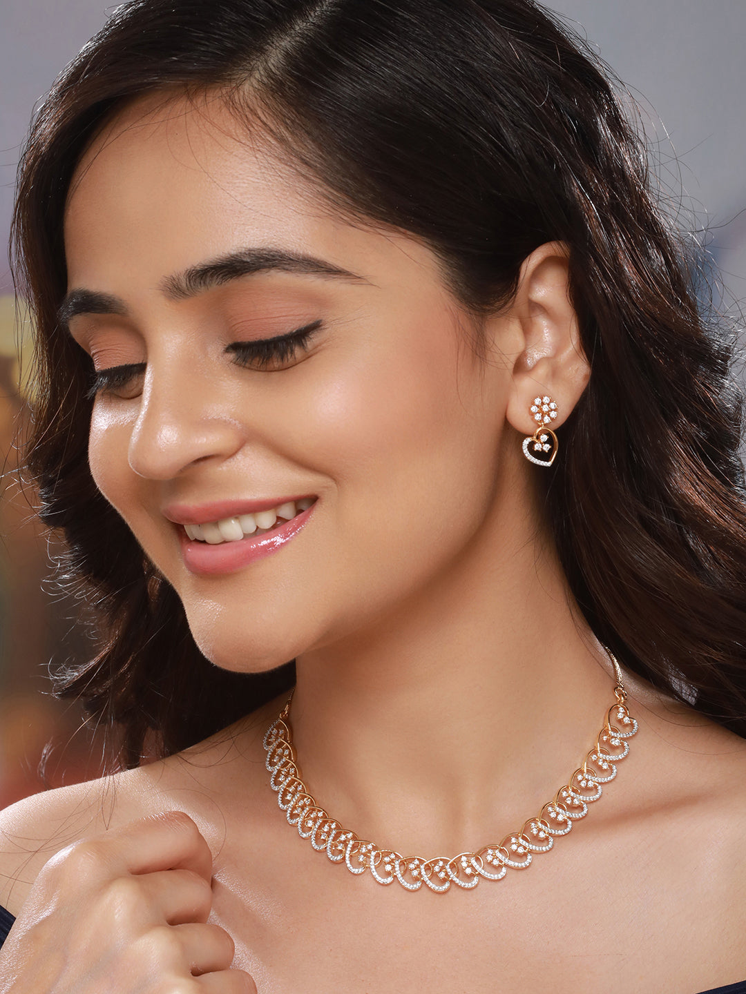 18k Gold Toned AD Studded Floral Heart Shaped Minimal Necklace Jewellery Set