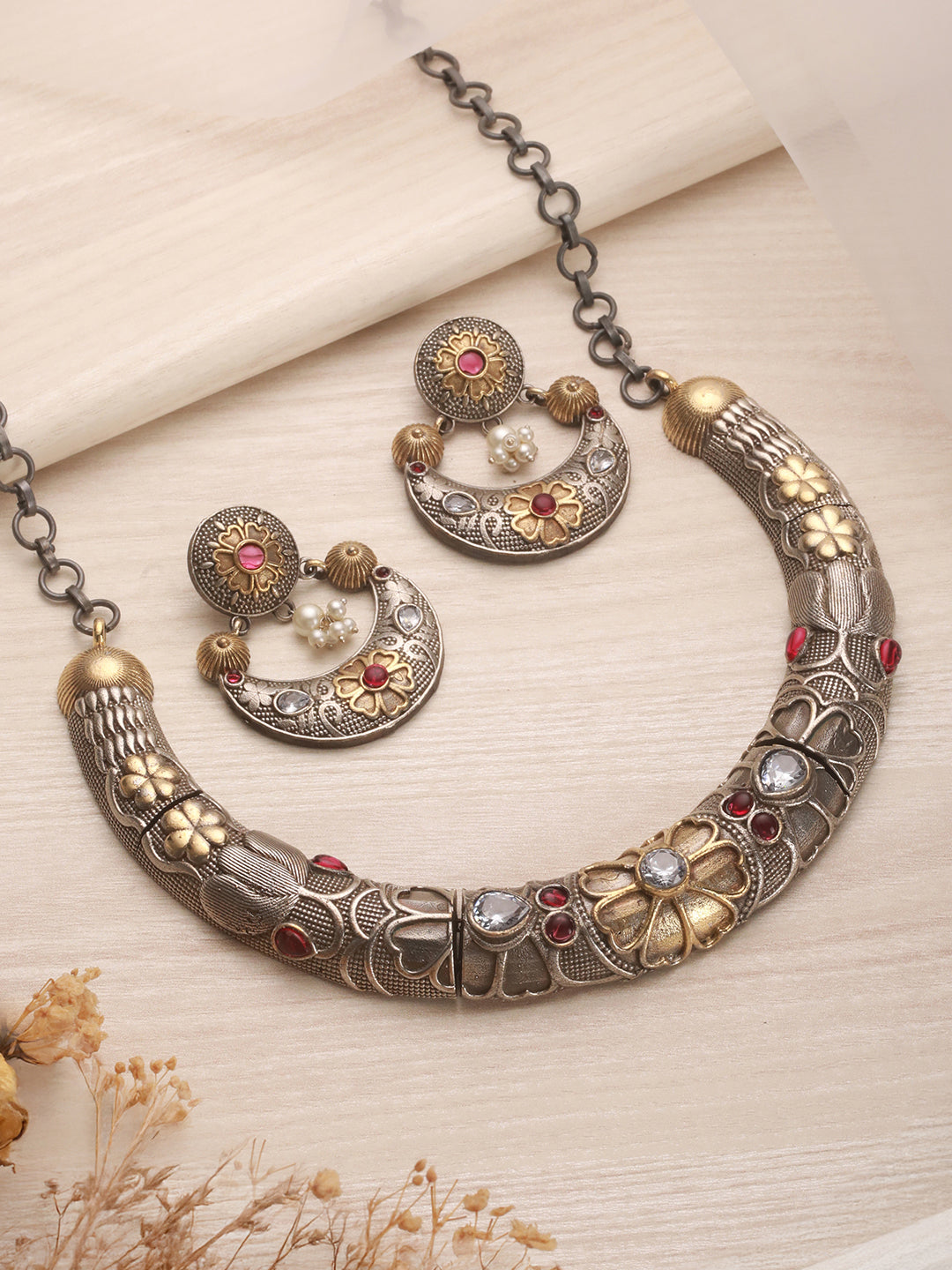 Dual Toned Oxidised Silver Lookalike Floral Tribal Hasli With Chandbali Jewellery Set