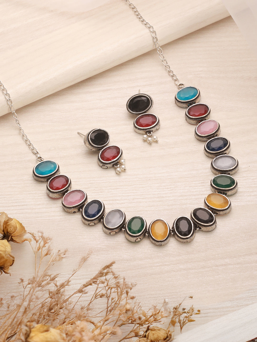 Silver Oxidised Nav Ratan Multicolored Minimal Tribal Necklace Jewellery Set