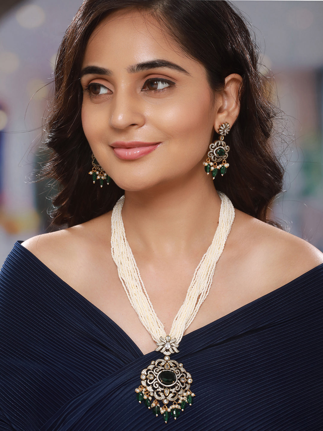 Gold-Plated Green Uncut Polki & Faux Pearl Beaded Long Jewellery Set