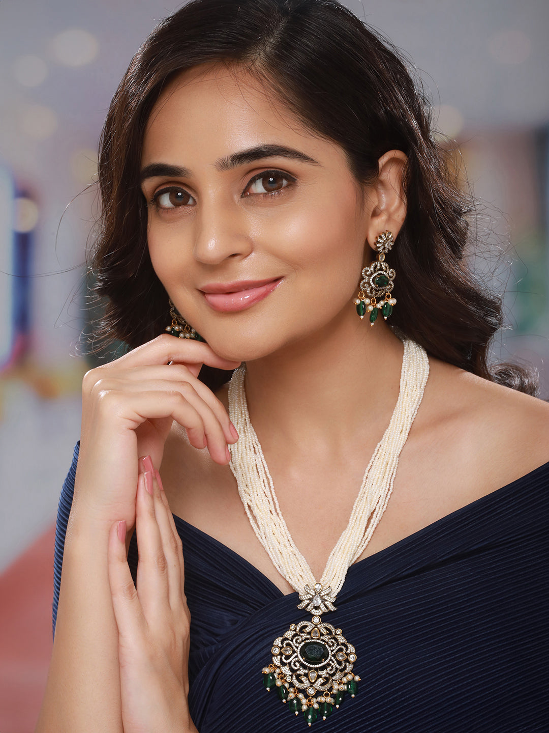 Gold-Plated Green Uncut Polki & Faux Pearl Beaded Long Jewellery Set