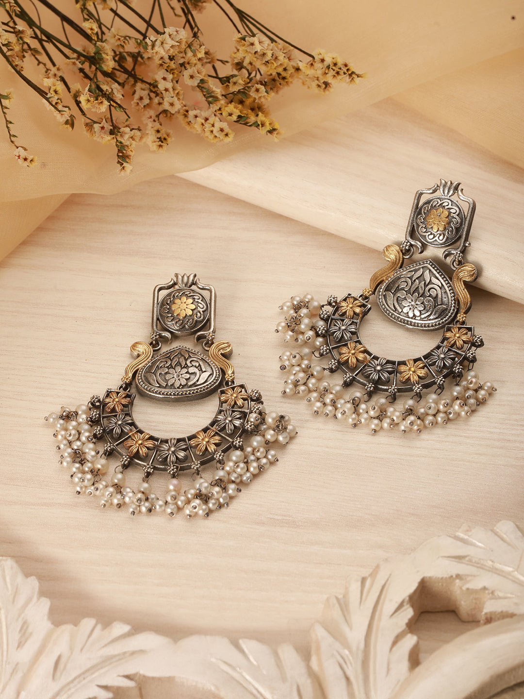 Silver Oxidised Dual Toned Pearl Beaded Floral Filigree Statement Chandbali Earrings