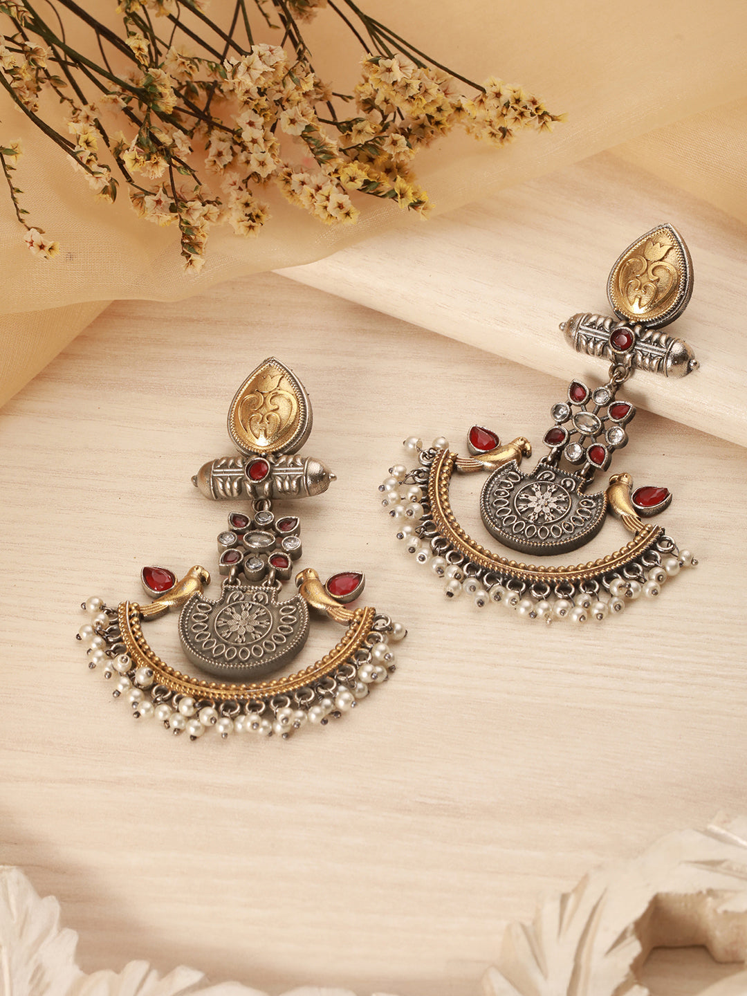 Silver Oxidised Dual Toned Bird Motif Tribal Boho Look Lightweight Chandbali Dangler Earrings