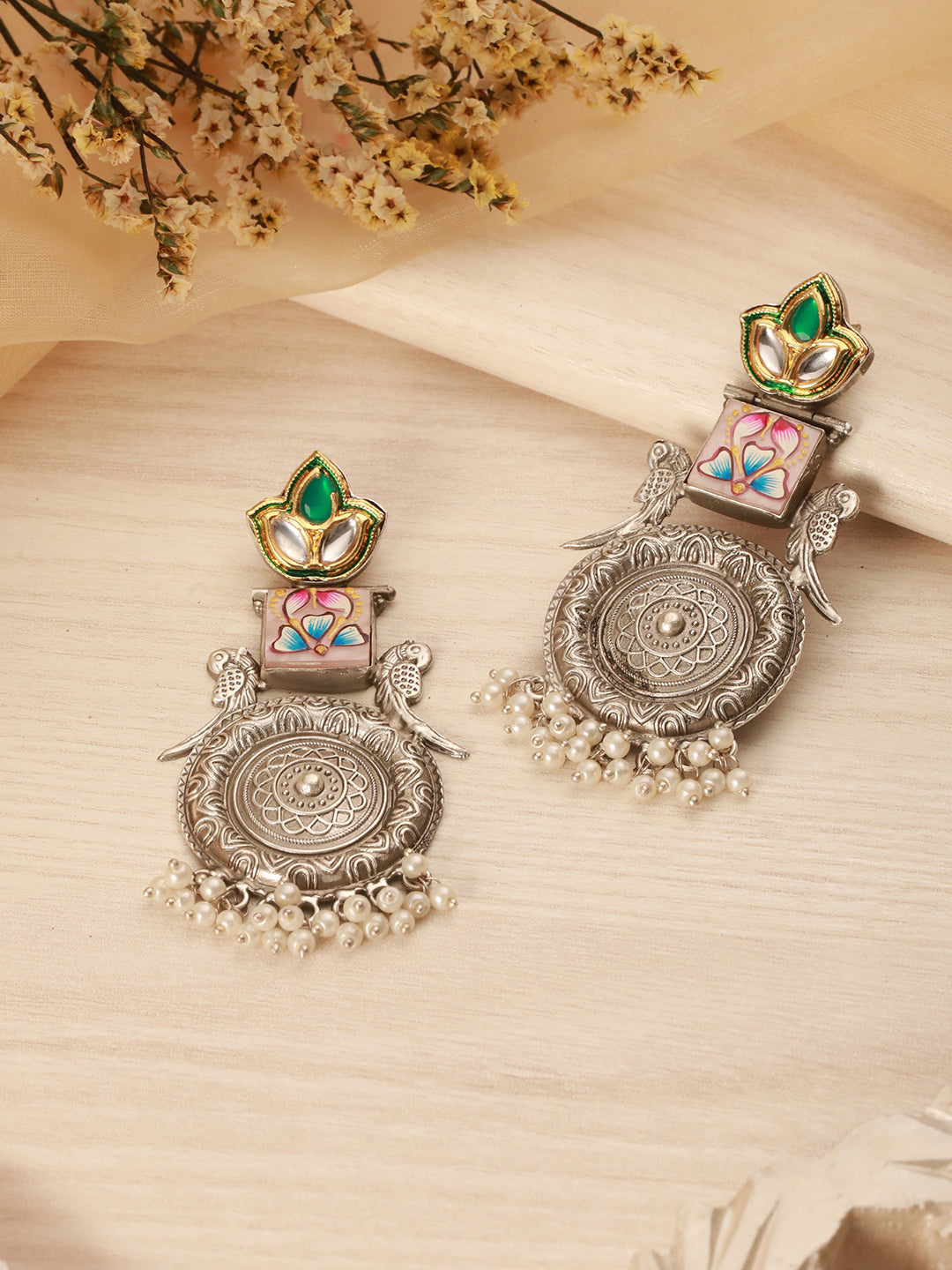 Silver Oxidised Kundan Studded & Enamelled Fusion Statement Long Earrings