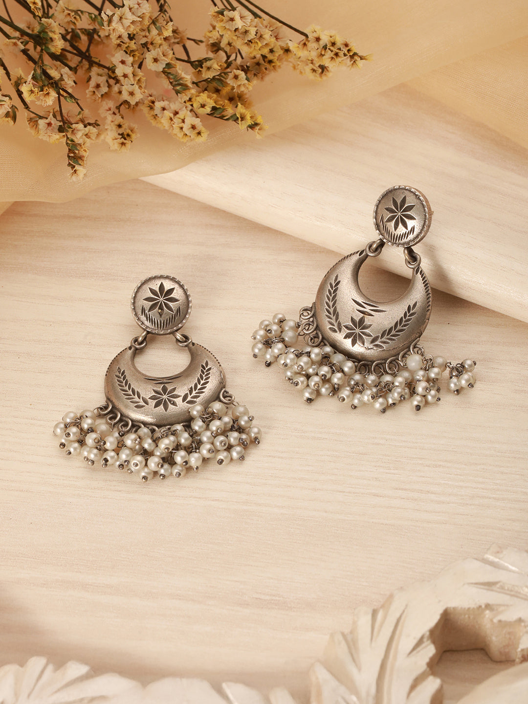 Oxidised Silver Lookalike Pearl Beaded Tribal  Lightweight Chandbali Earrings