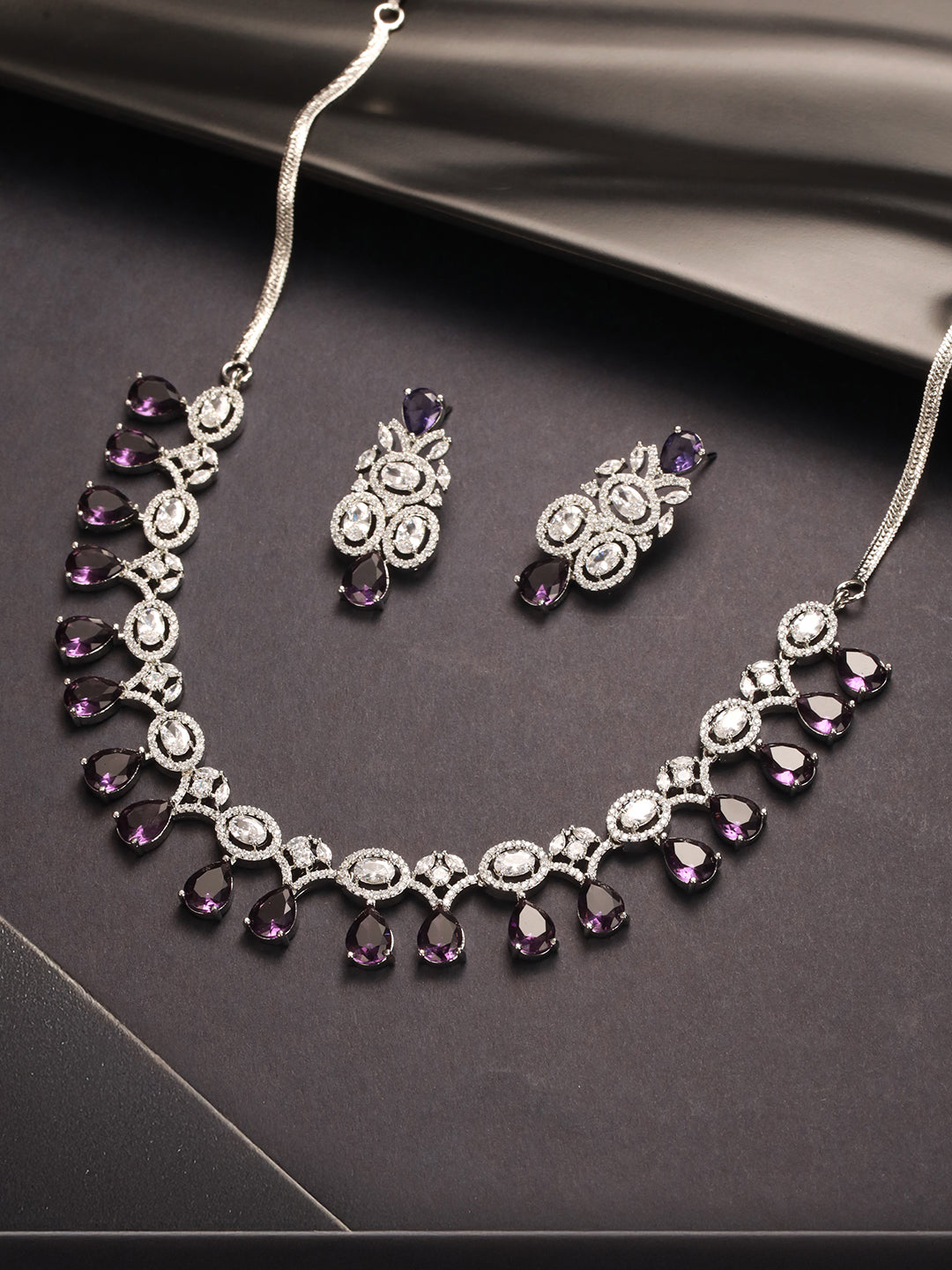 Silver Toned Rhodium Plated Amethyst AD Zirconia Studded Charms Designer Minimal Jewellery Set