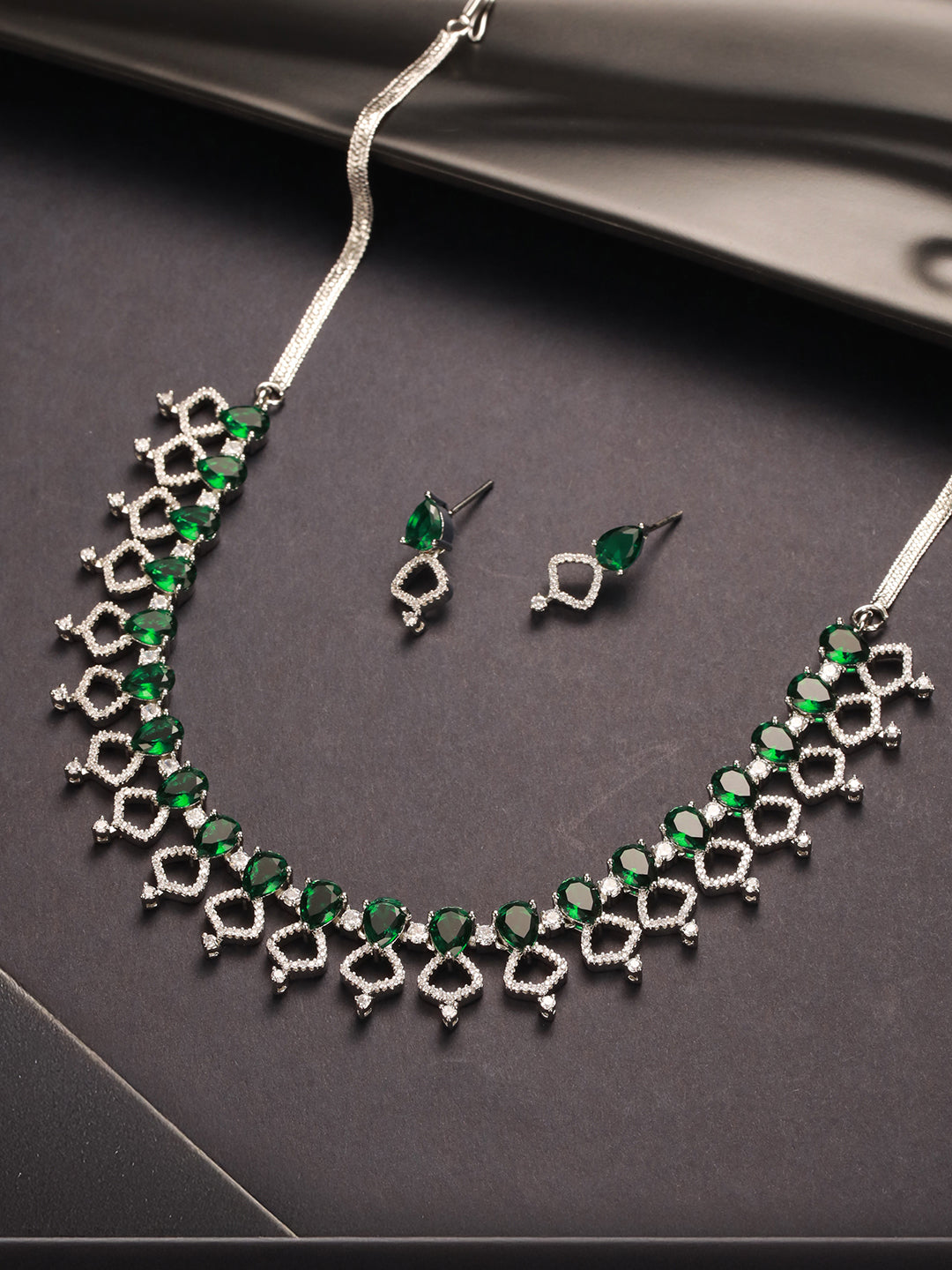 Silver Toned Rhodium Plated Emerald Green AD Studded Designer Jeellery Set