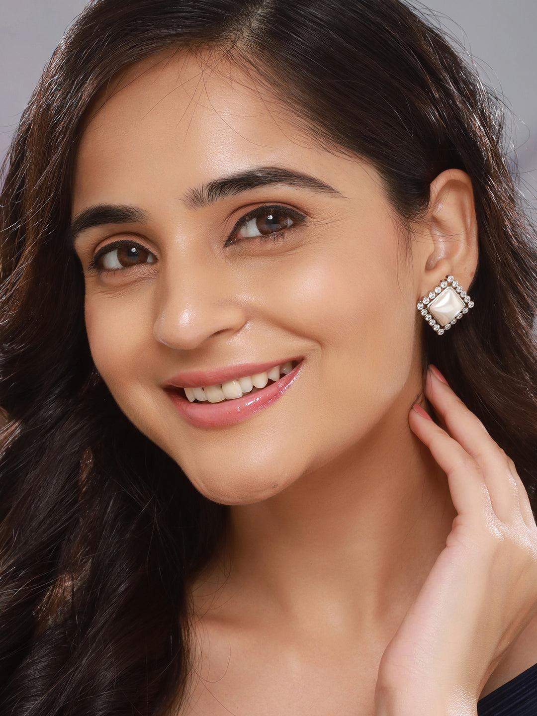 Silver Plated Faux Pearl Studded Square Statement Studds Earrings