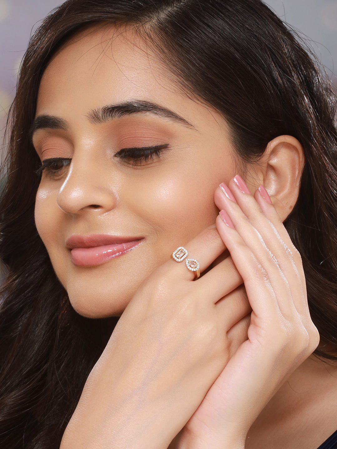 Gold Toned AD Studded Minimal Engagement Solitaire Finger Ring