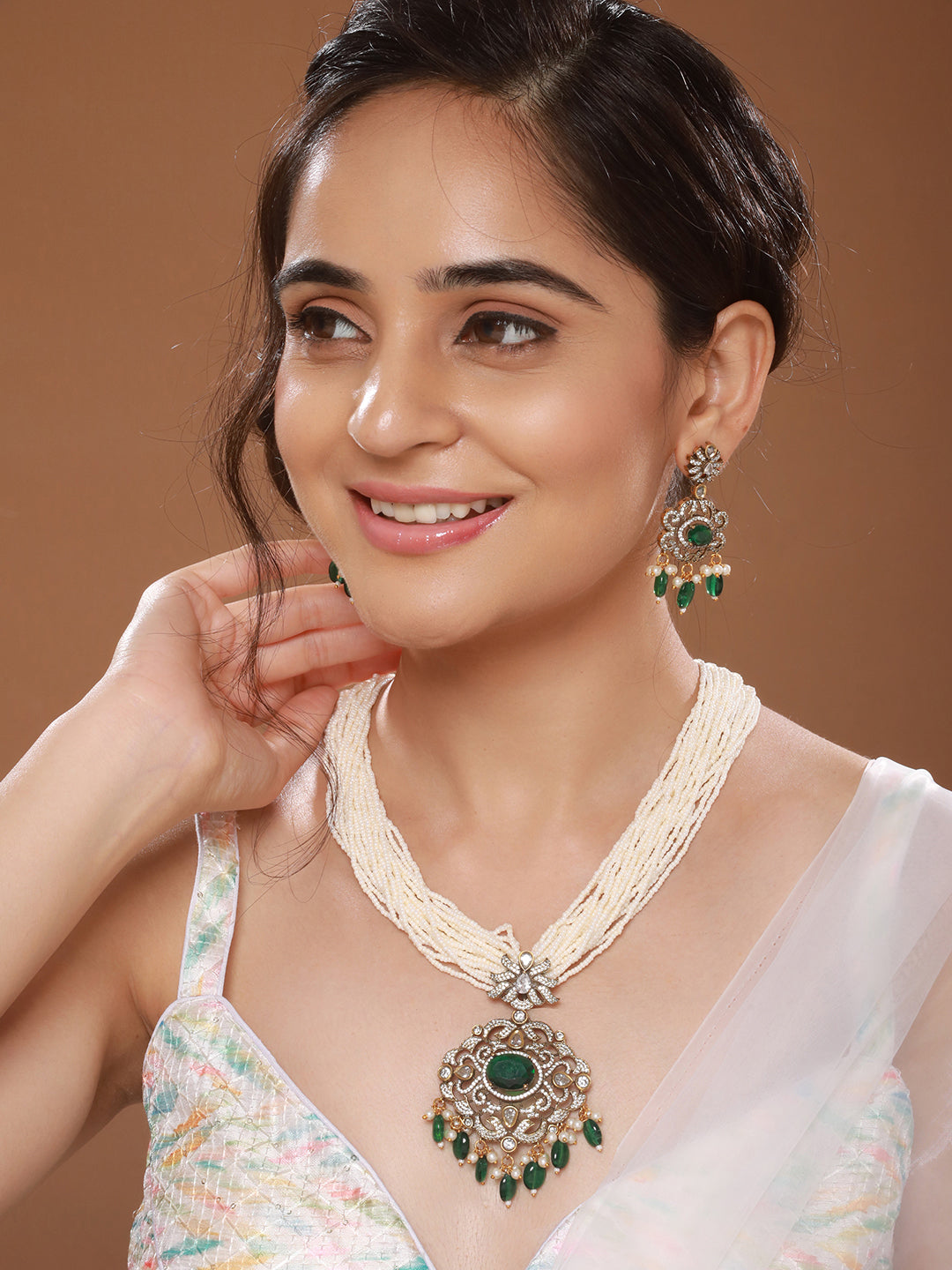 Gold-Plated Green Uncut Polki & Faux Pearl Beaded Long Jewellery Set