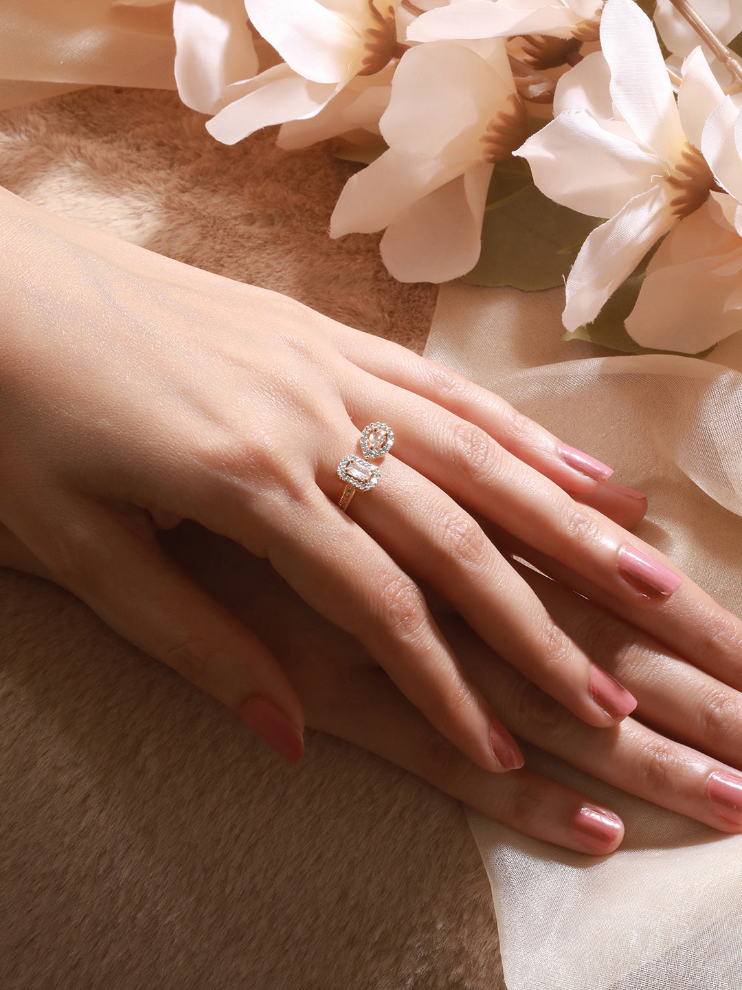 Gold Toned AD Studded Minimal Engagement Solitaire Finger Ring