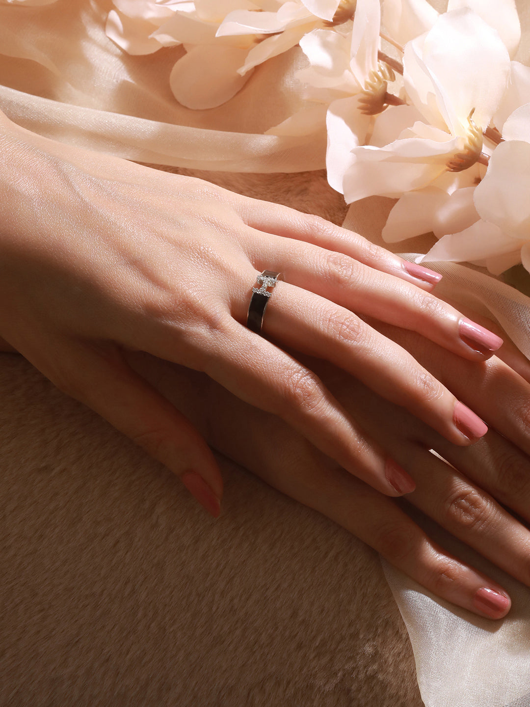 SARAF TRENDZ Anti-tarnish Silver-Plated AD-Studded Enamelled Adjustable Finger Ring