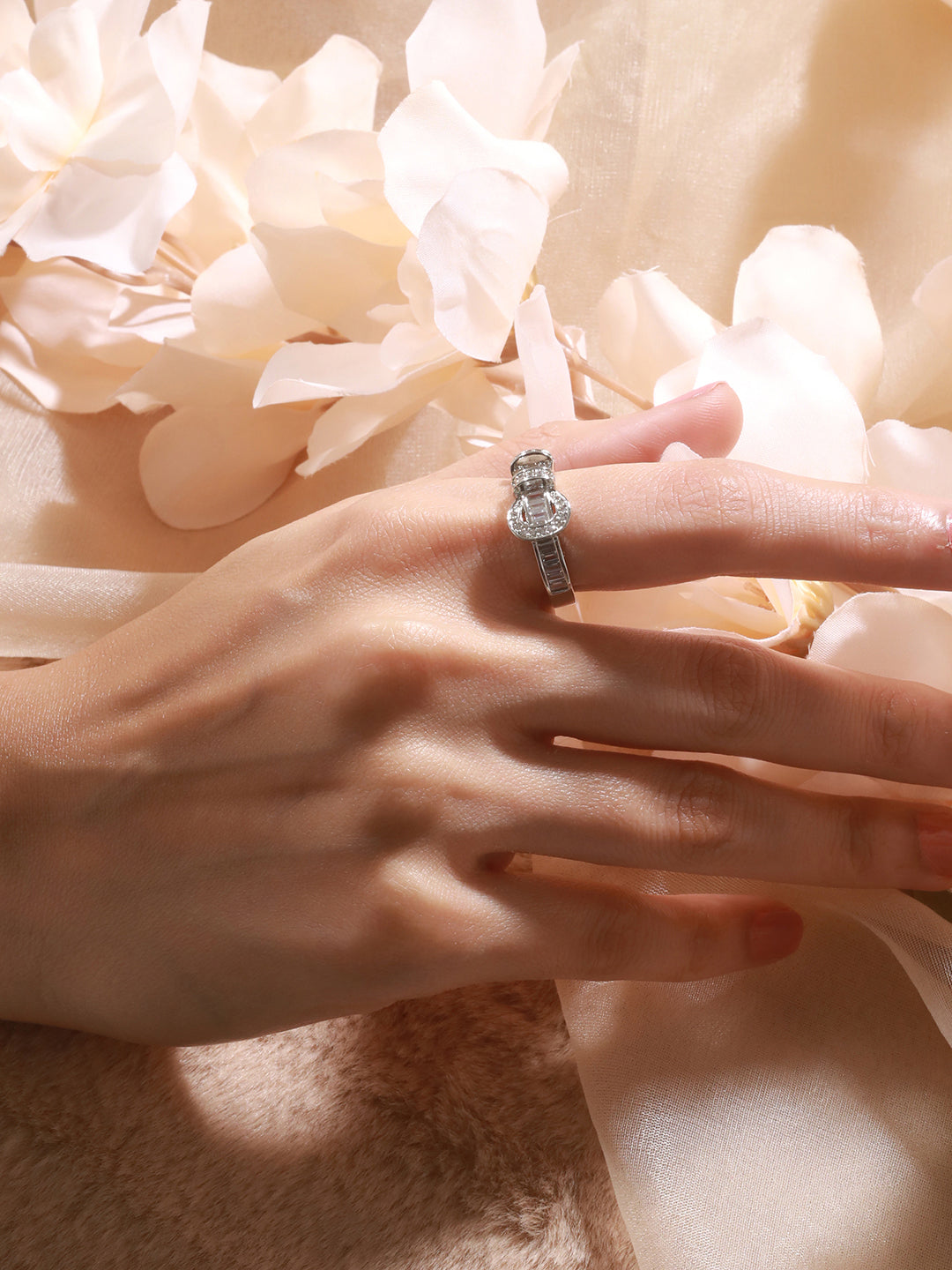 SARAF TRENDZ Anti-tarnish Silver Plated CZ Stone Studded Buckle Design Finger Ring