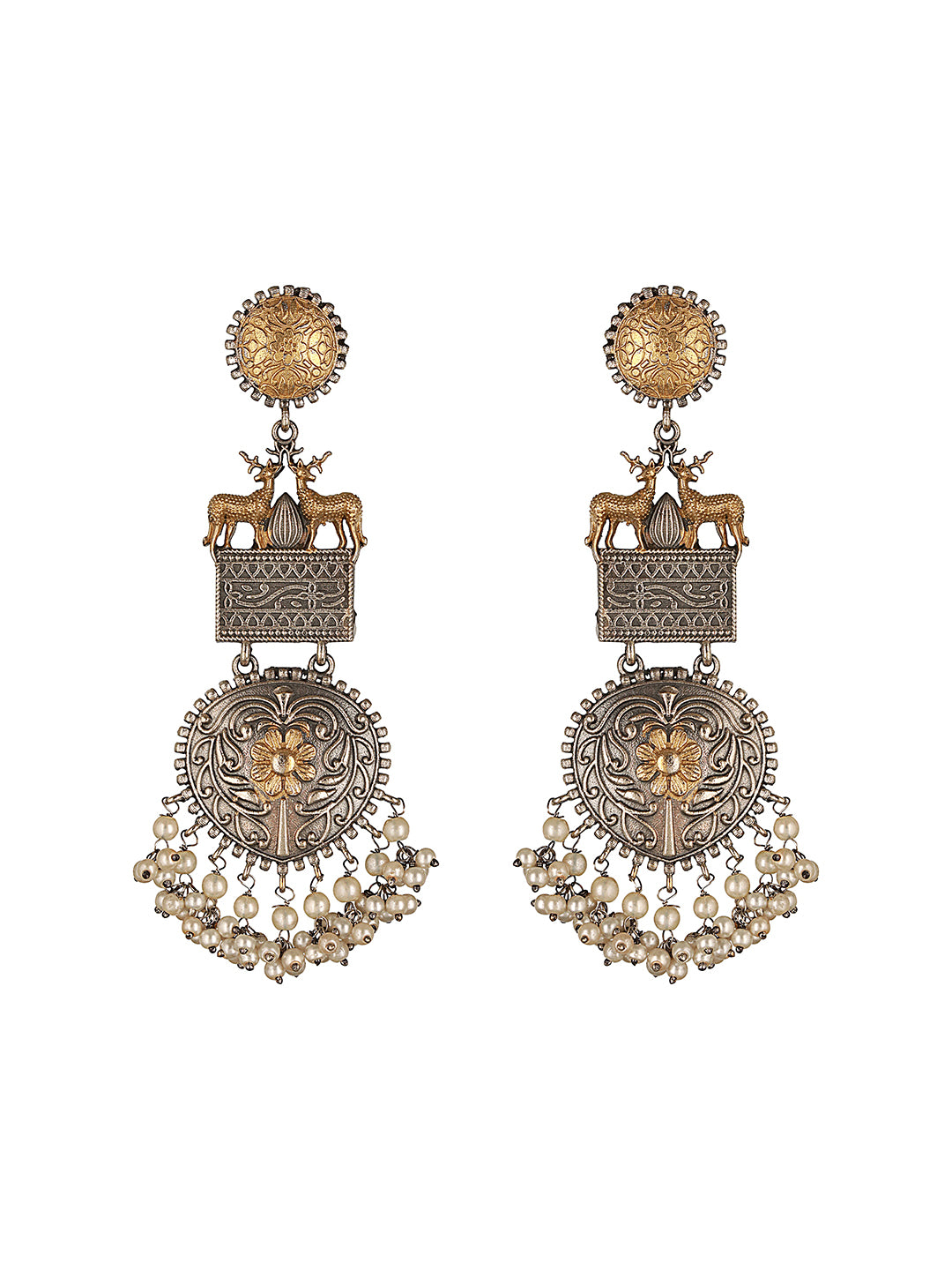 Silver Oxidised Dual Toned Deer Motif Tribal Dangler Chandbali Statement Earrings