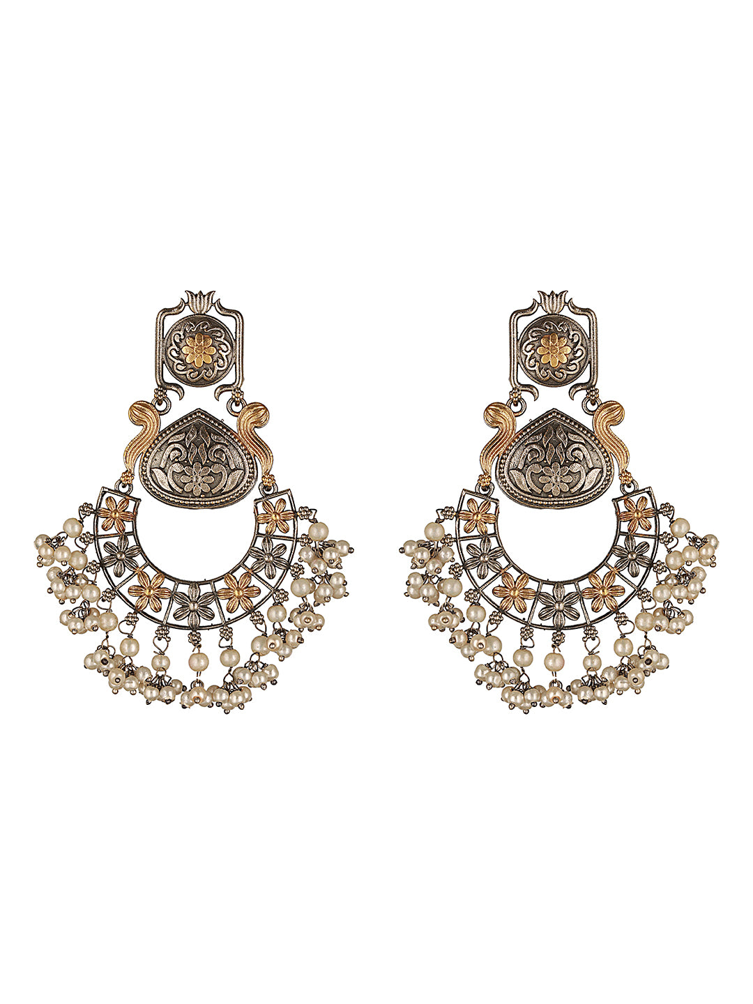 Silver Oxidised Dual Toned Pearl Beaded Floral Filigree Statement Chandbali Earrings