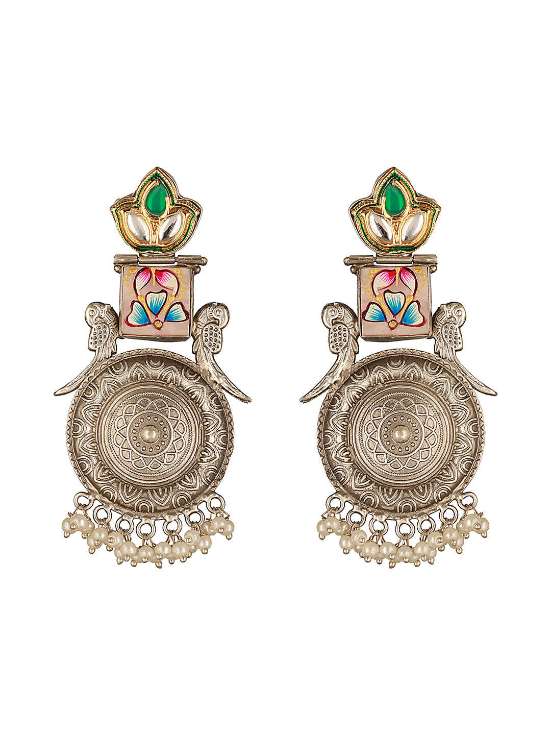 Silver Oxidised Kundan Studded & Enamelled Fusion Statement Long Earrings