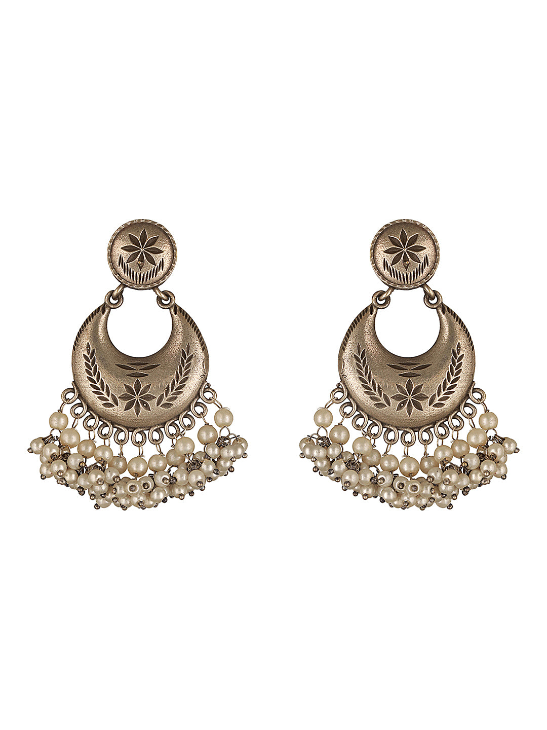 Oxidised Silver Lookalike Pearl Beaded Tribal  Lightweight Chandbali Earrings
