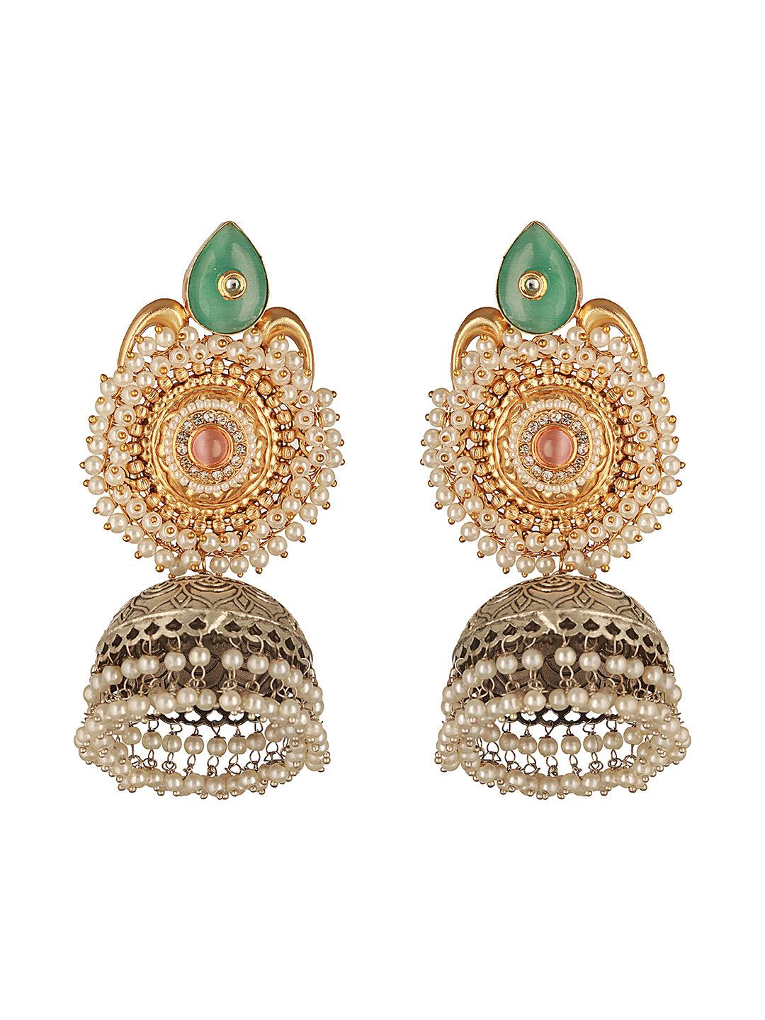 Dual Toned Gold & Oxidised Pearl Beaded Designer Lightweight Large Jhumka Earrings