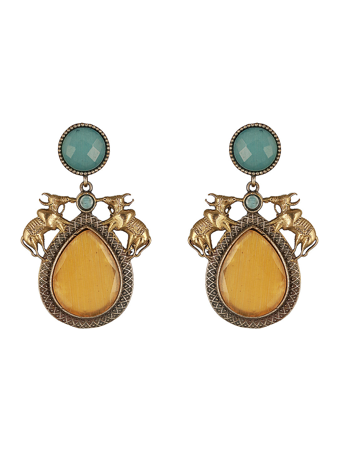 Silver Oxidised Yellow Stone Studded Bull Motif Statement Chandbali Earrings