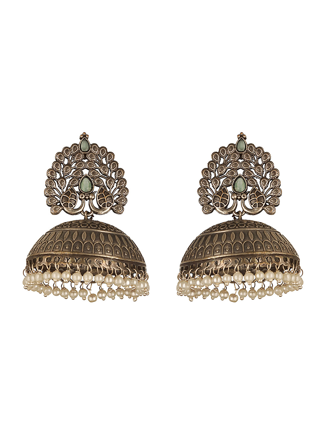 Silver Oxidised Pearl Beaded  Filigree Tribal Large Jhumka Earrings