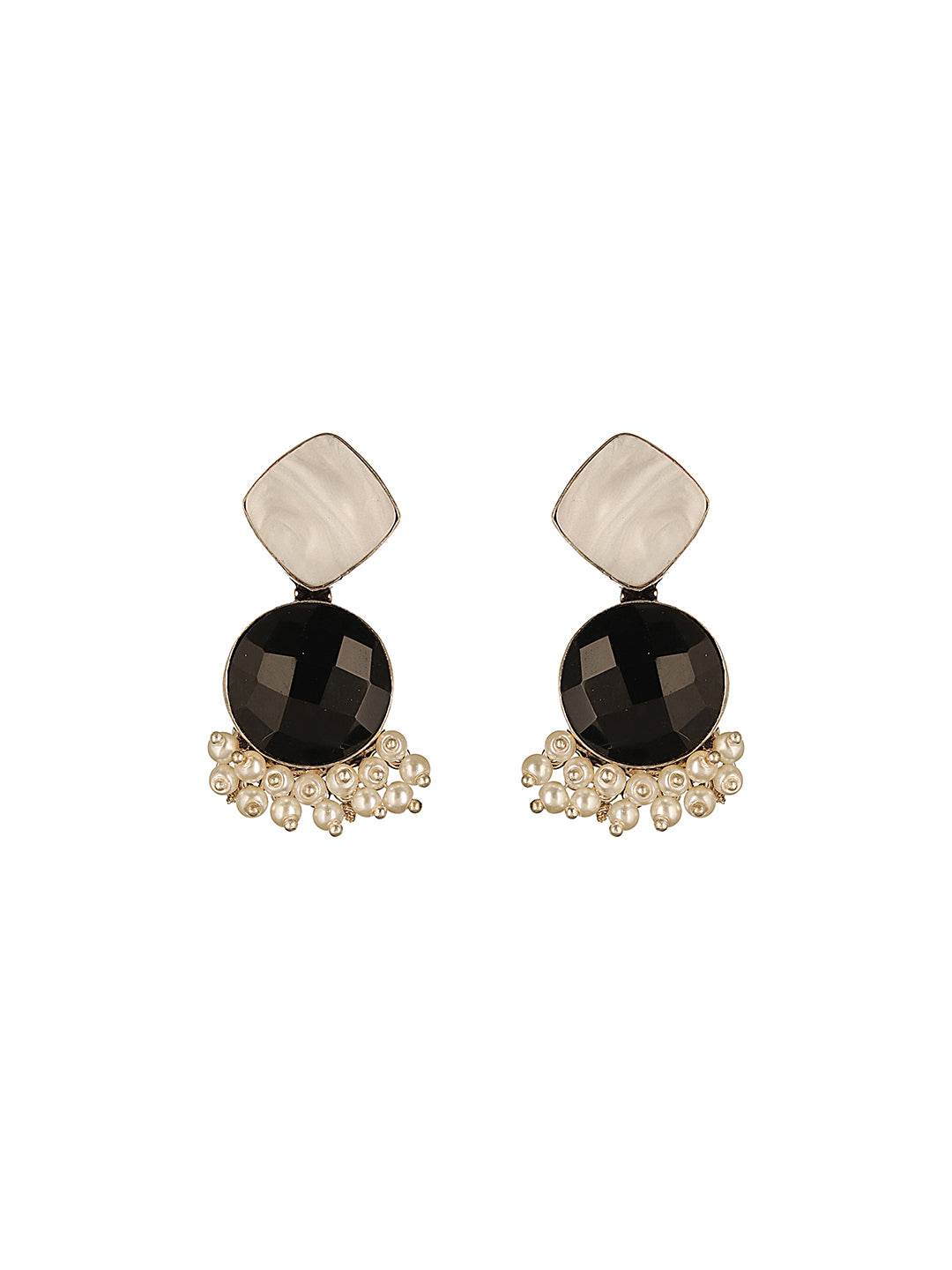 Silver Oxidised Black Stone Studded Pearl Beaded Minimal  Drop earrings